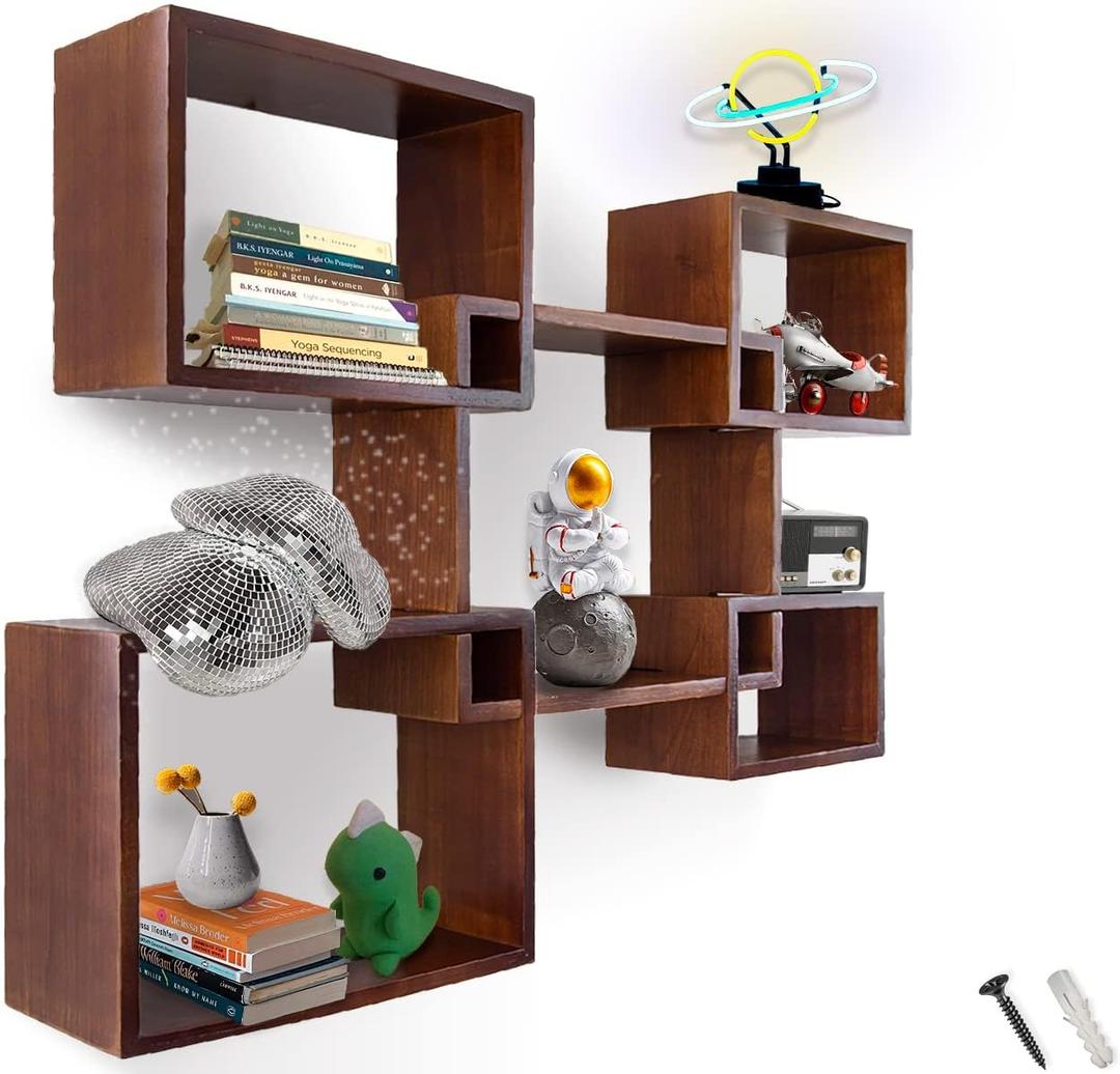 Comfify Modern Wall Mounted Square Shaped Floating Shelves  Set of 5 Square Shelves for Bathroom, Bedroom, Living Room & More  Rustic Wall Decor Display for Home - Brown