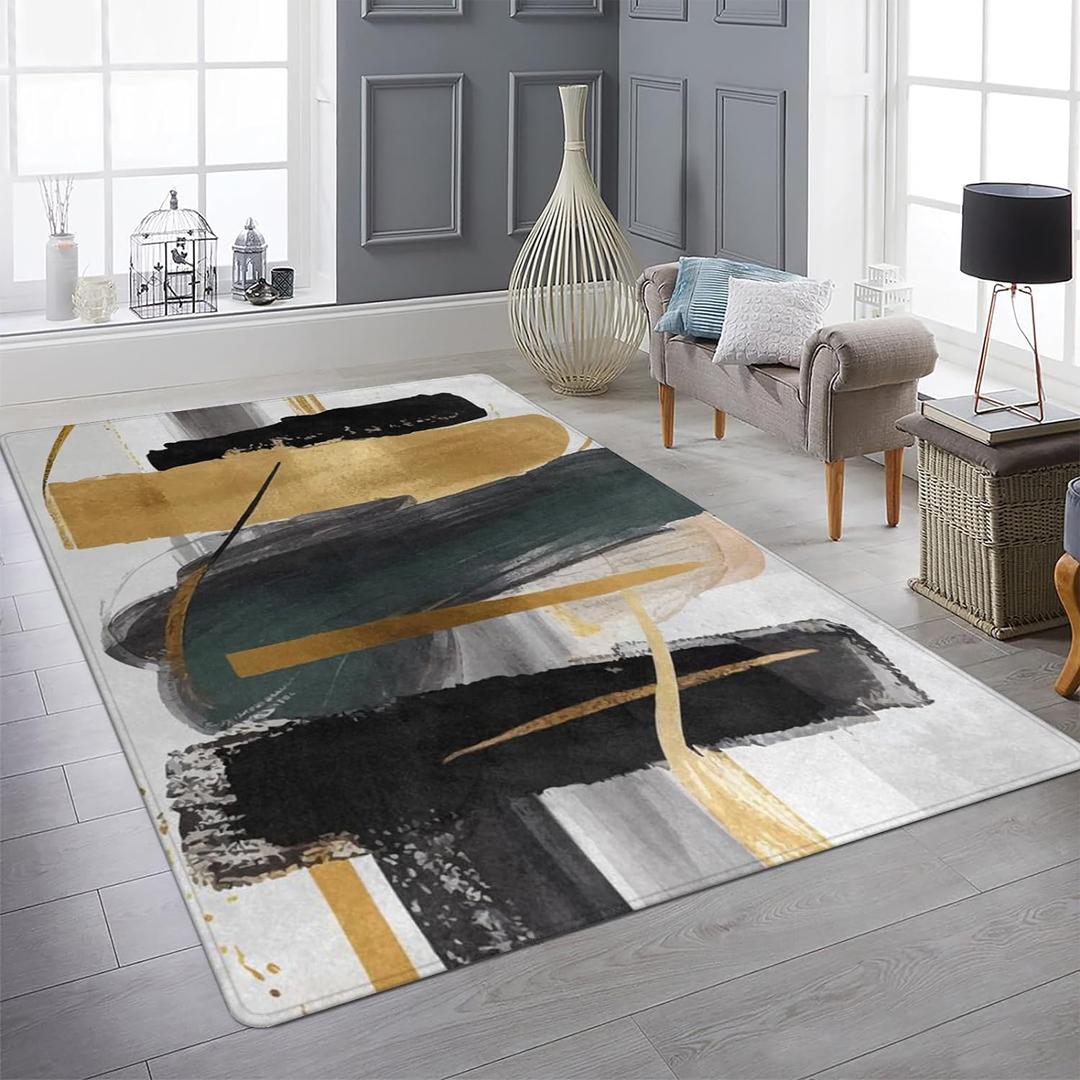 9CH Fashion Modern Area Rug 7' X 5', Abstract Art Painted Black White Gold Foil Modern Artwork Area Rug Non-Slip Carpet for Living Room Bedroom Dining Room (5' x 7' (Rectangular))