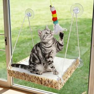 Cakhdry Cat Window Perch with Industrial-Grade Suction Cups and Ball Toy, Cat Window Hammock - 45 lbs Capacity, Handwoven Straw Sturdy Hanging Bed Seat Soft Cushion for Large Heavy Cats