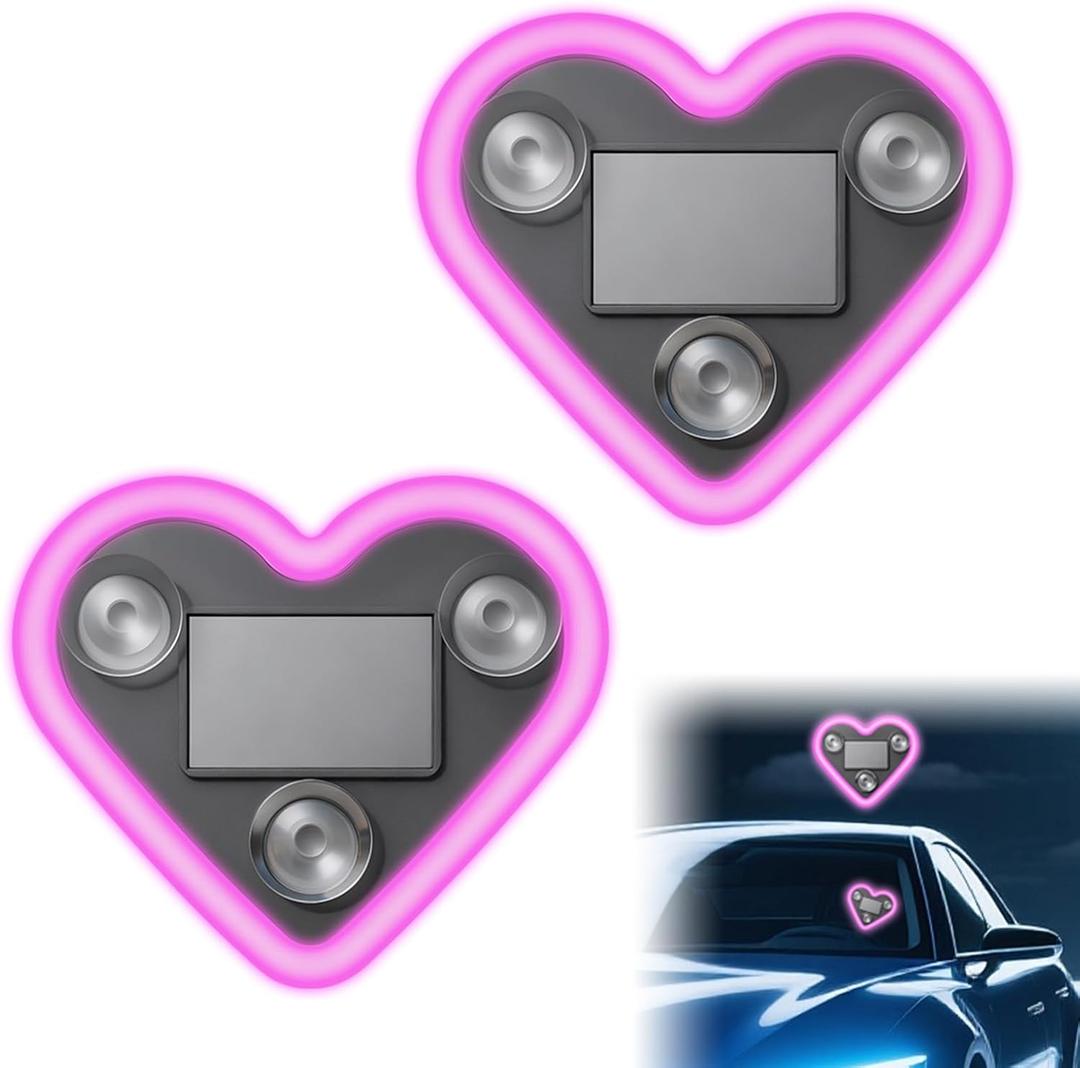 Car LED Ambient Light - Solar-Powered Heart-Shaped LED Neon Light for Night Driving, IP65 Waterproof, 5 Modes, Romantic Gift for Christmas, Valentine's Day, Anniversary, Date Night (2Pcs Pink)