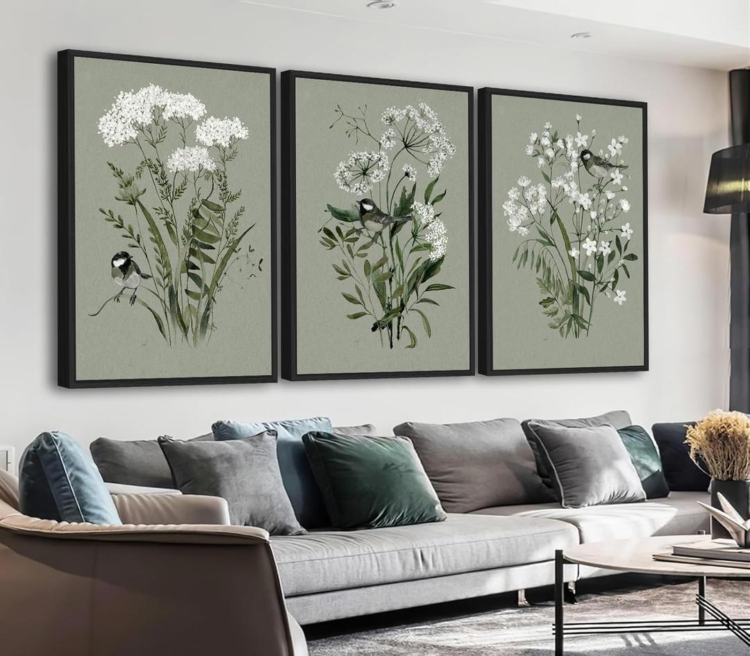 Vibrant Flowers Canvas Wall Art - White Floral Framed Wall Decor Aesthetic Spring Pictures Botanical Paintings Sage Green Art Prints for Living Room Bedroom Dining Room 16" X 24" X 3 Panels