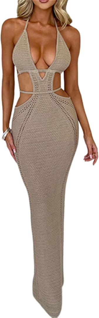 Women Sexy V Neck Bodycon Sweater Dress Knitted Halter Backless Hollow Out Waist Maxi Dress Party Club Long Dresses (Small, Khaki)
