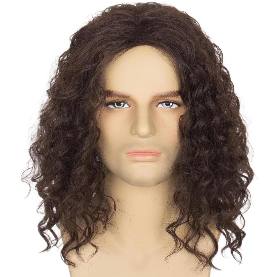 Yan Dream Mens Brown Curly Wig for Costume Party Middle Part Retro 80s Brown Cosplay Wigs for Adults