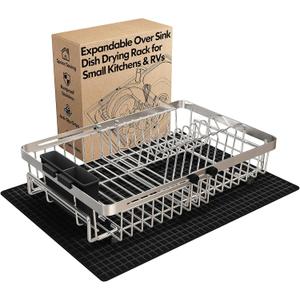 MAJALiS Dish Drying Rack Over The Sink with Utensil Holder, Mat | Expandable Stainless Steel Dish Drainer for Small Kitchen, Apartment, RV, Counter Space Saving, Perfect Fit, Rustproof, For 13"-30" W Sink with Mat