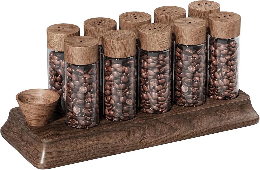 Single Dose Coffee Bean Storage Tubes Coffee Storage Container with One-Way Exhaust Valve,Coffee Bean Cellar 10 Pcs Dosing Glass Vials (2 Oz) Walnut Wood Stand Funnel And Lids (Brown)