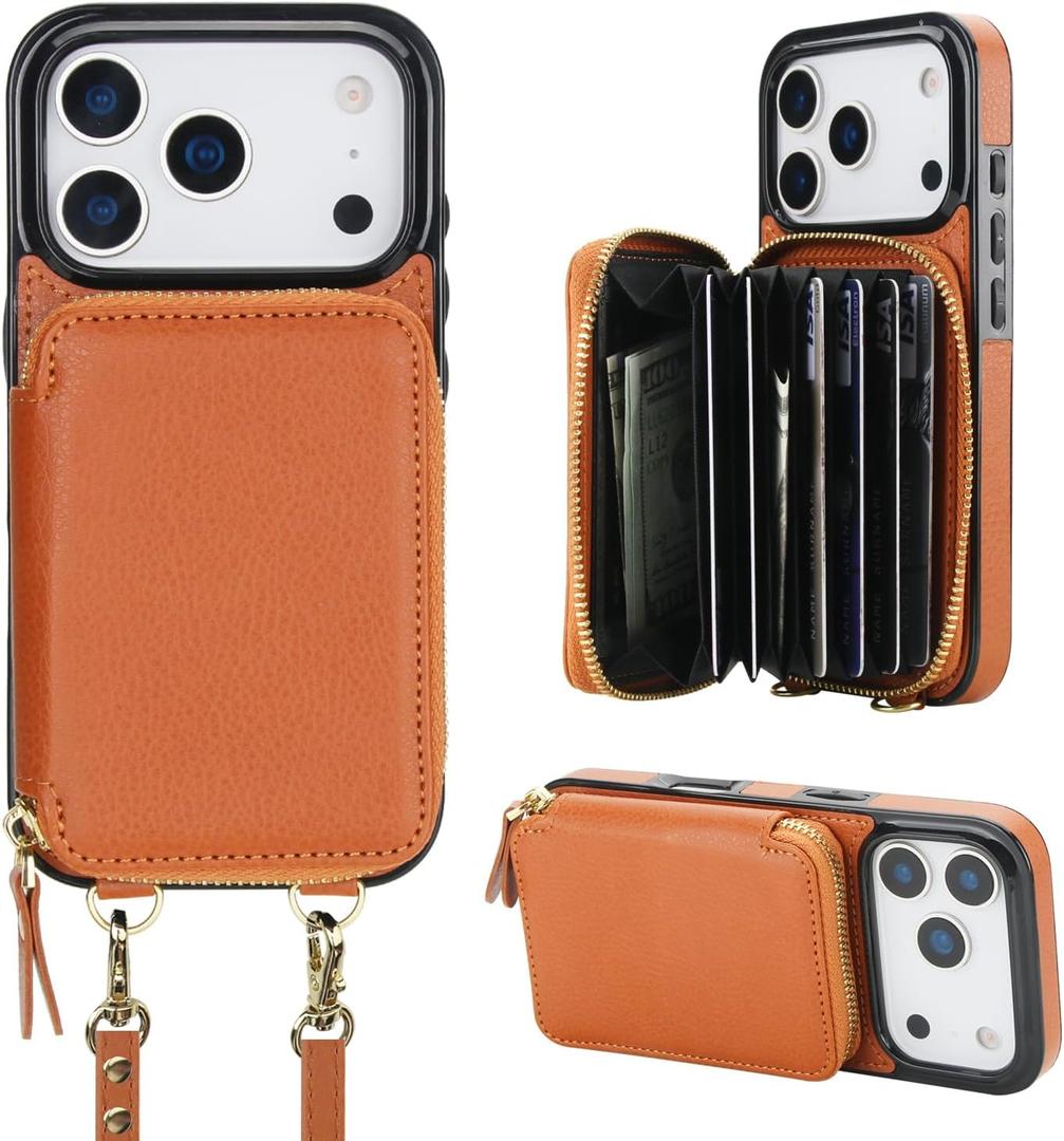 Bocasal Crossbody Wallet Case for iPhone 17 Pro, RFID Blocking Leather Purse Case with Card Holder, Protective Handbag Flip Cover with Zipper Wrist Strap Lanyard for Women 5G 6.3 Inch (Brown)