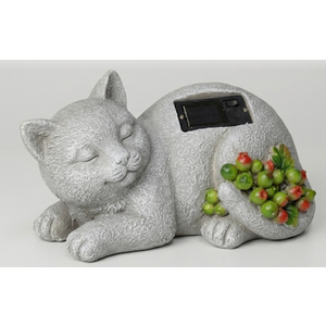 Solar-Powered Sleeping Cat Garden Statue with Faux Berries