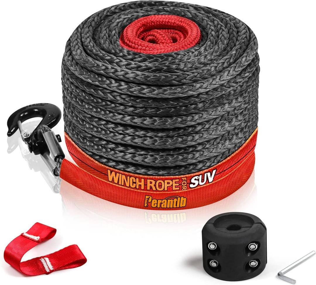 Synthetic Winch Rope 3/8" x 100'-23800 lbs Winch Line with Protective Sleeve, Forged Winch Hook, Safety Pull Strap go for 4WD Road Vehicle Truck SUV ATV UTV Black Gray