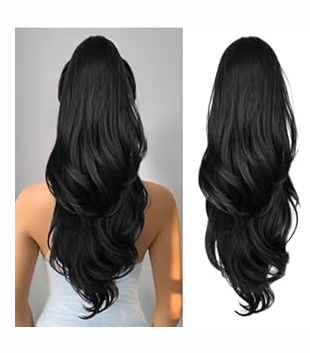 CHRSHN Ponytail Extension, 26 Inch Drawstring Ponytail Extension for Women Long Black Wavy Layered Pony Tails Hair Extensions Synthetic Clip in Ponytail Hairpiece for Women