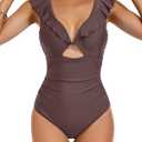 Women's One Piece Swimsuit Tummy Control Ruffle Bathing Suit Plung V-Neck Lace Up Swim Suit Cutout Swimwear, Brown, L