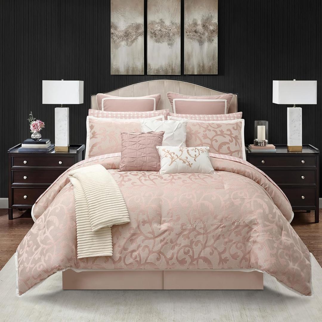 Stratford Park Blush Paisley Comforter Set Queen Size, 14 Piece, Jacquard Bedding Sets & Collections,1 Flat Sheet,1 Fitted Sheet, Pillow Shams Bedskirt