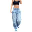 Fanvereka Women Fashion Baggy Jeans Solid Color High Waist Straight Leg Denim Pants Wide Leg Trousers with Pockets (Blue, M)