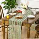 Artoid Mode 3PCS Sage Green Embroidery Daisy Gauze Table Runner 120 Inch 10FT, Seasonal Sheer Dining Holiday Wedding Birthday Table Decor for Home Party