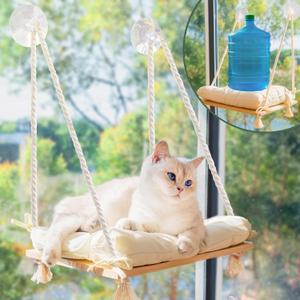 Cat Window Perch with Industrial-Grade Suction Cups - Solid Pine Wood Hammock Bed, Soft Cushion - 42 lb Capacity for Cats Inside (Medium, Beige)