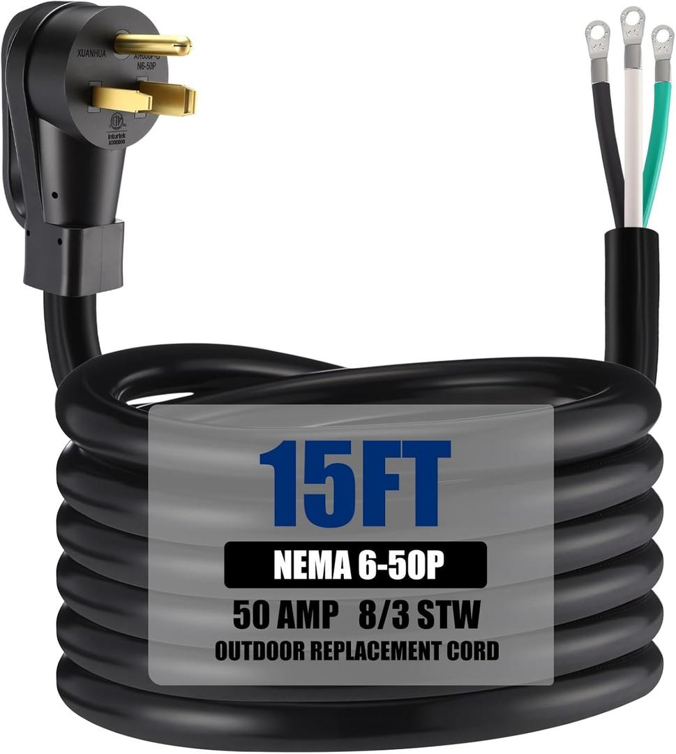 Kanayu 10 ft 8 Awg 3 Prong Replacement Power Cord Compatible with Nema 6-50p 40 Amp 250v Welder Extension Cable with Open End for Welder Dryer Garage Heater Generator, Etl Listed