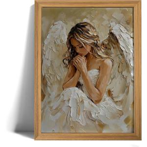 Praying Angel Wall Art  Spiritual Canvas Print, White Winged Angel Oil Painting Style Christian Religious Picture posterSpiritual White & Gold Wall Decor for Bedroom, Prayer Room, Christian Gift, Wood Frame 12x16in