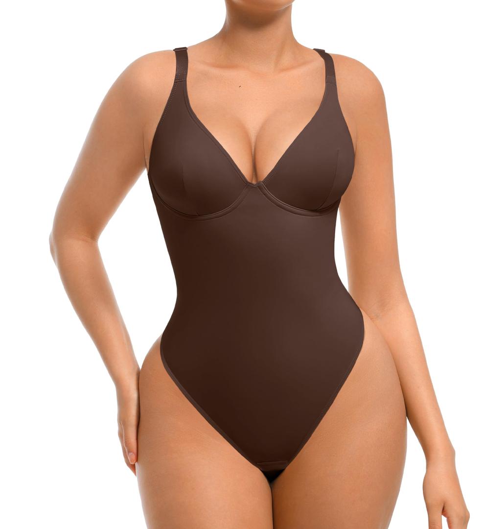 FeelinGirl Shapewear Bodysuits for Women Tummy Control, Brown Body Suit Thong Sexy Deep V Neck Corset Tops for Women, XL