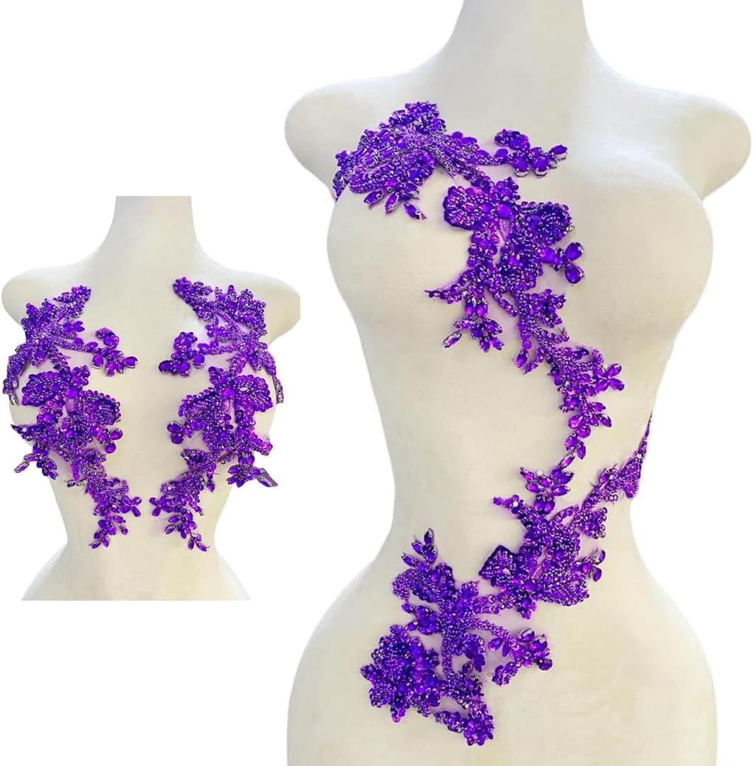 Handmade Shining Rhinestones lace Applique Patches Sewing Beads Sequins Stone Trim Accessories for Wedding Dress one Pair/Bag (Purple)