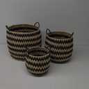 Coastal Striped Baskets, Set of 3, Round, Handmade, Chunky Weave, Black and Natural Seagrass Wicker, Grab Handles,