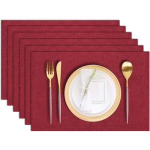 Cloth Placemats Set of 6, Cotton Linen Blend Machine Washable Durable Linen Table Mats, Heat Resistant Placemats Wrinkle Free Place Mats for Dining Table, Easy to Clean (Burgundy, 6)  19" x 13"