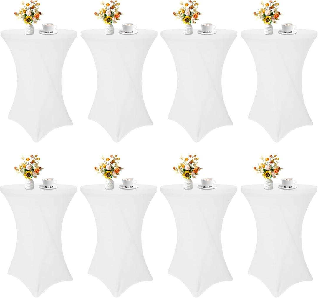 HAISIWLKJ 8 Pack Cocktail Table Covers 32x43 Inch Fitted Stretch Spandex Square Corners White Table Cover High Top Cocktail Round Tablecloth for Party, Wedding, Birthday, Banquet(White)