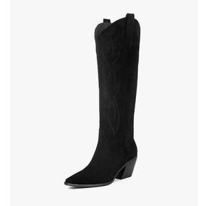 iiimmu Cowgirl Boots Women Knee High Boots Pointed Toe and Block Heel Cowboy Suede and Faux Leather Boots with Embroidered Black 11