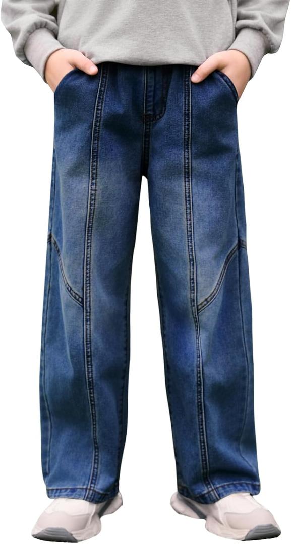 Haloumoning Boys Wide Leg Jeans Kids Casual Straight Baggy Denim Pants with Pockets 5-14 Years (9-10 Years, Dark Blue)