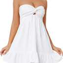 Womens Strapless Mini Dress Twist Knot Front Cut Out Babydoll Dress Smocked Backless Ruffle Hem Tube Dresses (Small, White)