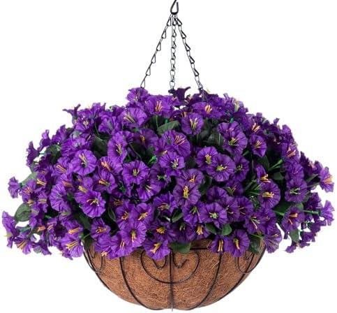 Artificial Fake Hanging Flowers Plants Basket for Outdoor Spring Summer Decoration, Faux Silk Flowers Outside Look Real Morning Glory UV Resistant for Porch Patio Balcony Garden Yard Home Purple