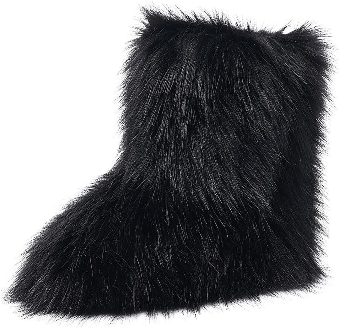 Women's Faux Fur Boots Furry Mid Calf Fur Boots Winter Warm Plush Surface Snow Boots Comfortable Outdoor Flat Shoes (Black)