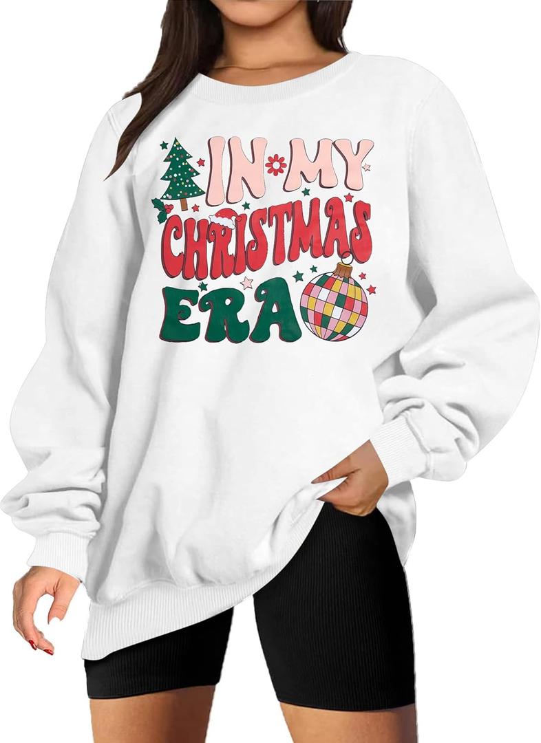 BANGELY Christmas Sweatshirts Women Oversized In My Christmas Era Sweatshirt Christmas Vacation Shirt Xmas Pullover Tops (White, XL)