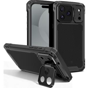 NINKI for iPhone 17 Pro Max Case with Camera Cover and Kickstand, Metal Silicone Full Body Shockproof Rugged Aluminum Phone Cover for iPhone 17 Pro Max Case 6.9 inch with Screen Protector 2025 - Black