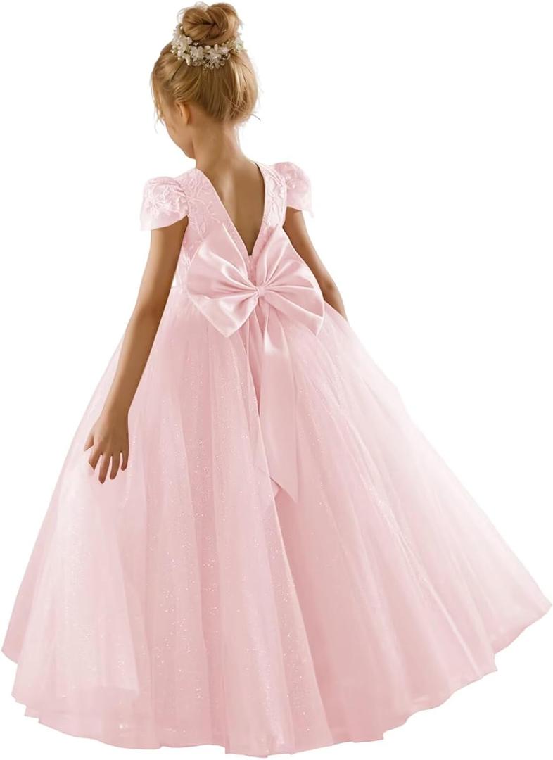 JISISANG Flower Girls Lace Cap Sleeve Dress for Wedding Puffy Tulle Back V-Neck Pageant Prom Ball Gown with Bow (4, Pink)