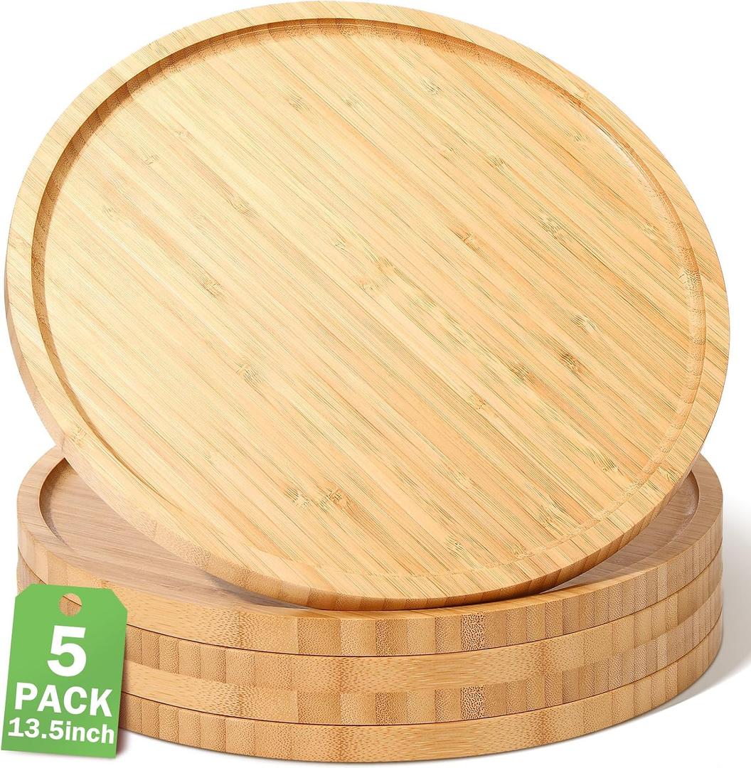 Meanplan 5 Pcs Round Charcuterie Board Bulk Bamboo Round Tray Fall Wooden Serving Platter Wood Serving Tray with Rim for Fruit Bread Salad Pizza Party Decor (13.5 Inch)