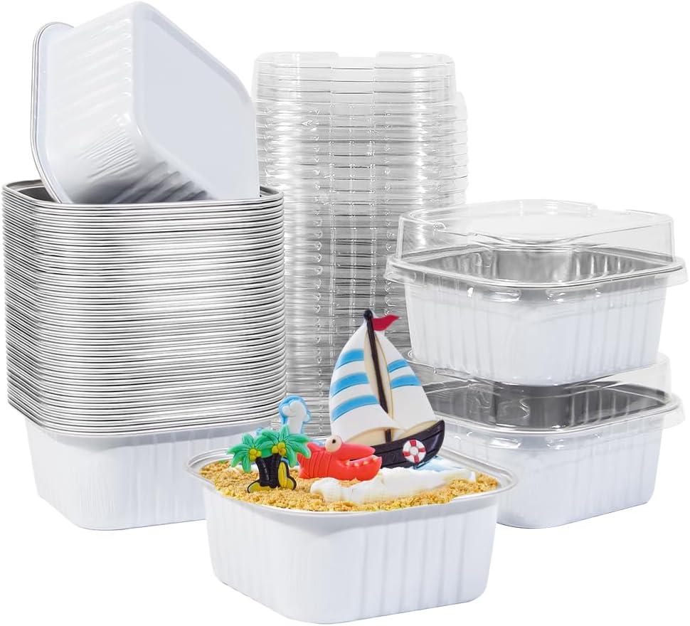 50 Pcs Mini Square Baking Cups with Lids,5oz Aluminum Foil Mini Cake Pans with Lids, Disposable Ramekins Cake Pans,150ml Dessert Cups Cupcake Pans for Wedding Birthday Party, White