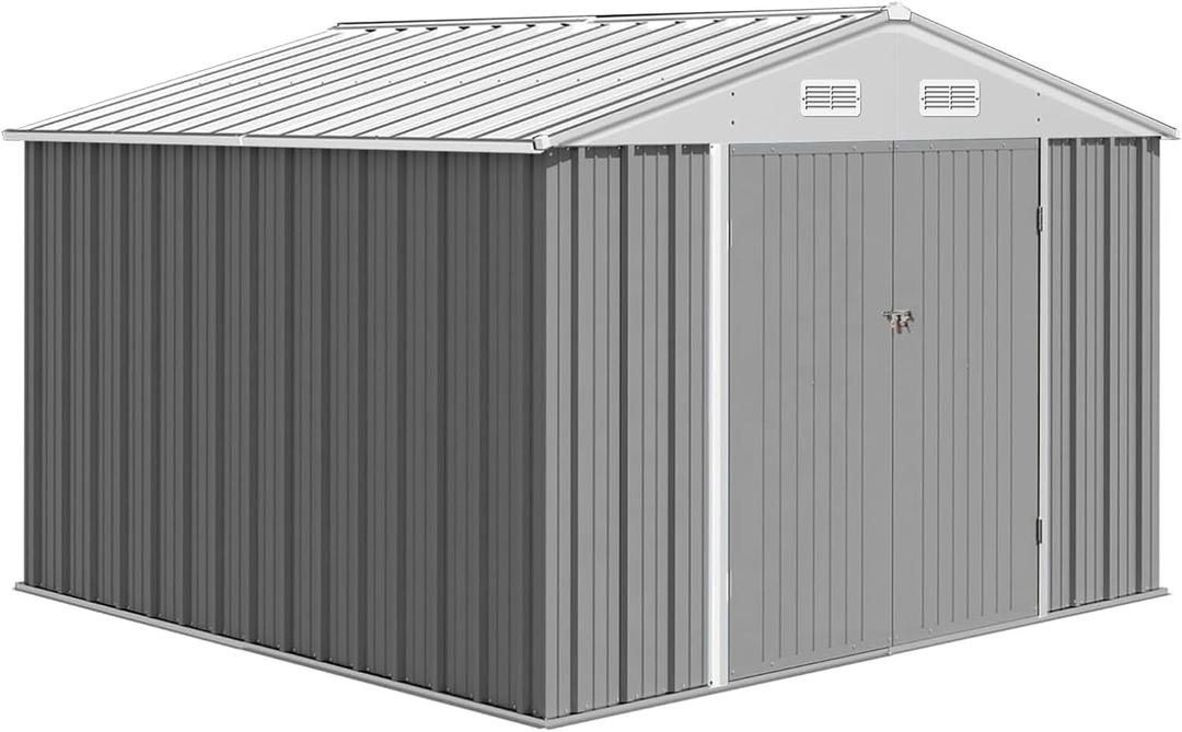 Zstar 10 x 8 FT Metal Storage Shed, Outdoor Steel Shed Storage House with Updated Frame Structure & Lockable Door, Waterproof Garden Steel for Backyard, Garden, Lawn, Patio, Gray