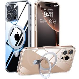 TORRAS Magnetic Clear for iPhone 16 Pro Case with Stand [Compatible with MagSafe] Built-in Kickstand Military Protection Anti-Yellowing Ring Holder Slim Case 6.3" 2024, Crystal Clear Ostand