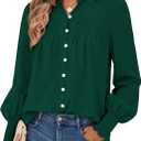 PRETTYGARDEN Fall Lantern Long Sleeve Shirts for Women 2026 Trendy Button Vneck Pullover Henley Tops Dressy Work Blouses (Dark Green,Small) (Green, S)