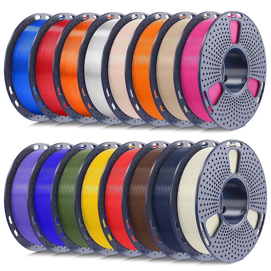 SUNLU PLA+2.0 Filament 1.75mm Bundle, 250g Spool, 16 Rolls, BoneWhite+Midnight+CoffeeBrown+Red+Yellow+OliveGreen+Blue+Orange+Purple+Magenta+Oak+Beige+Transparent Series-Clear+Orange+Red+Blue
