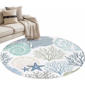 Round Area Rug 3ft Nautical Coastal Ocean Coral Floor Carpets Washable Indoor Floor Area Mat Stain-Proof Mat Non-Skid Rugs for Living Room Dining Kitchen Bedroom Nursery, Beach Themed Blue Teal Rug
