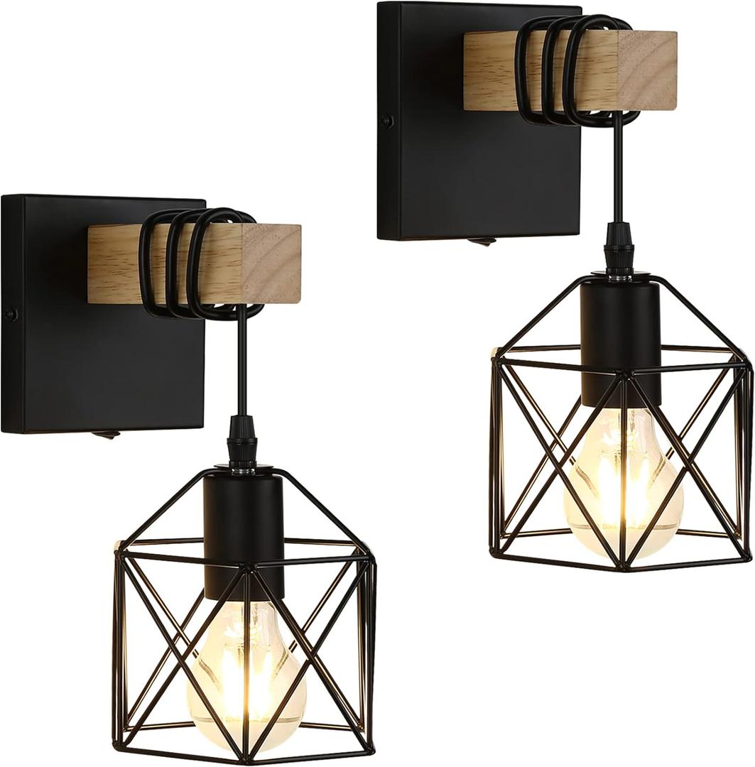 Black Wall Sconce with ON/Off Switch Pack of 2, Dimmable Cage Wall Mount Light Fixture Industrial Farmhouse Lighting, LG9939389 (hardwire)