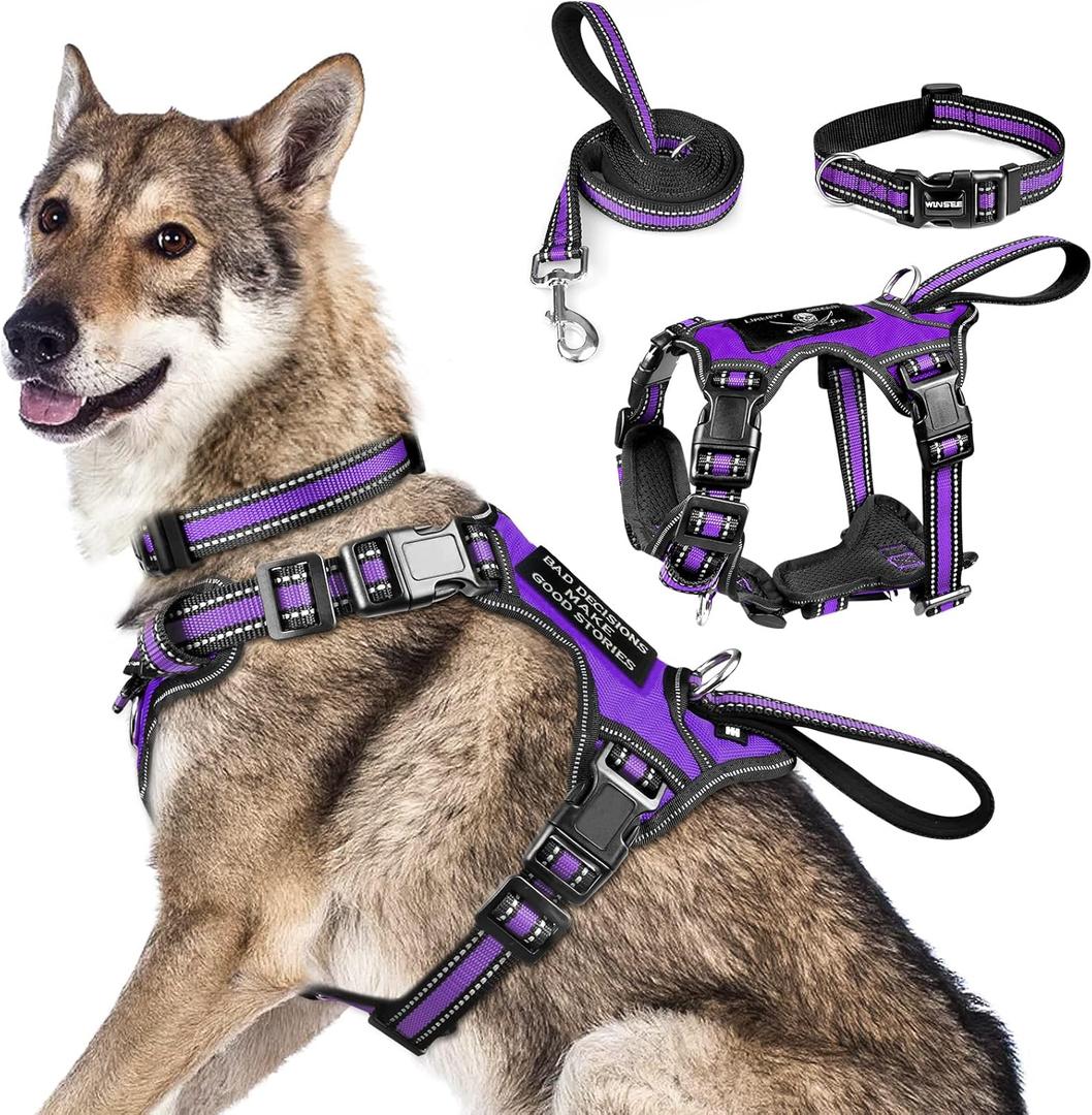 WINSEE Pet Harness Collar and Leash Set, All-in-one Reflective Dog Harness No Pull with Adjustable Buckles for Dogs (X-Large, Purple)