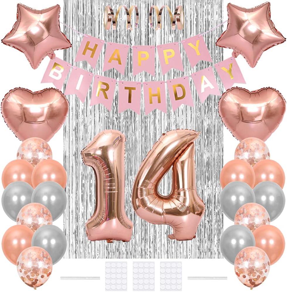 14th Birthday Decoration Happy Birthday Banner Flag 14 Year Old Birthday Party Supplies Tinsel Curtain Number 14 Balloon Confetti Latex Helium Balloon Star Heart Foil Balloon, Rose Gold