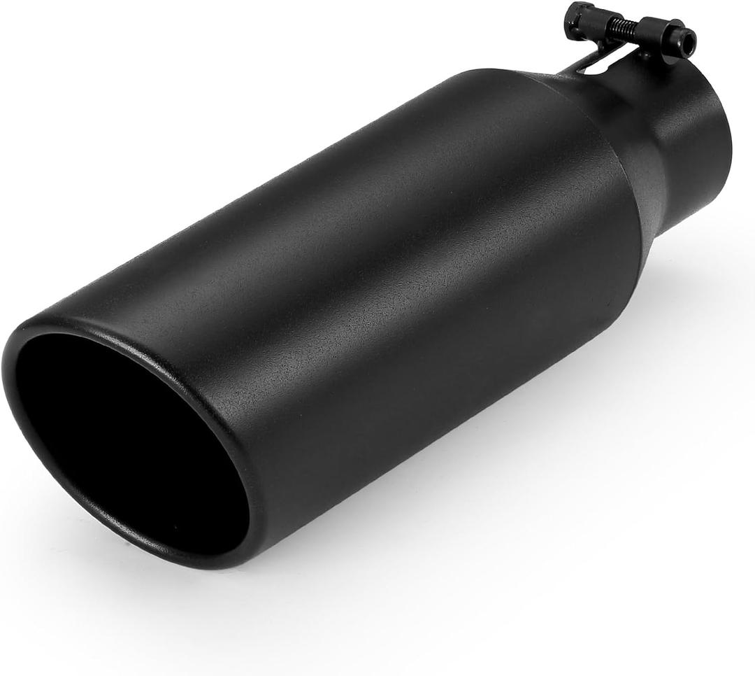 Exhaust Tip 2.5" Inlet 4" Outlet 12" Long, High Performance Stainless Steel, Peel-Resistant Black Powder Coated, Rolled Angle Cut, Bolt-On Diesel Tail Pipe, Universal for Car Truck