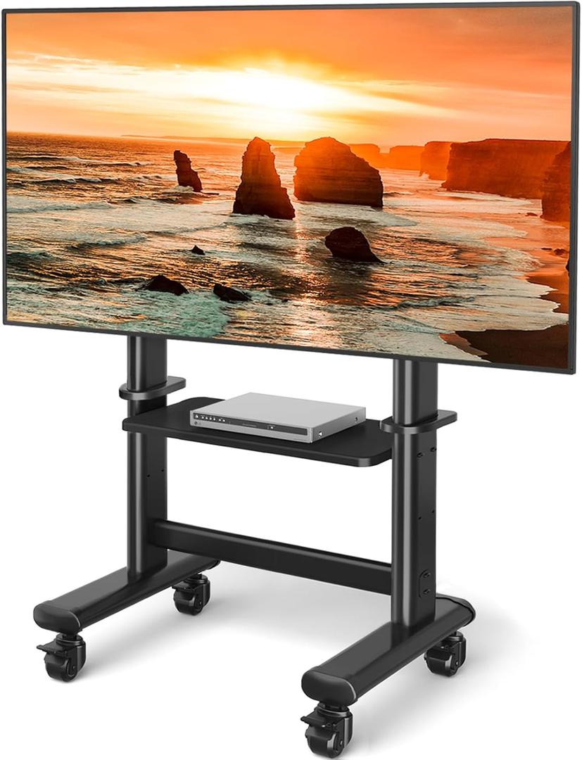 Mobile TV Cart Rolling TV Stand with Wheels for 55-100 Inch LCD LED Flat Curved Screens up to 250 lbs, Max VESA800x600 mm Heavy Duty Portable Floor TV Stand Large Base Trolley Height Adjustable (TV Stand + 1 shelf)