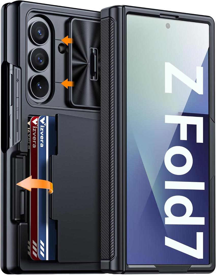 Vizvera for Samsung Galaxy Z Fold 7 Case RFID Wallet with Cards Holder [Hinge Cover] [Camera Cover] Shockproof Silicone Protective Phone Case for Z Fold 7 2025-Black
