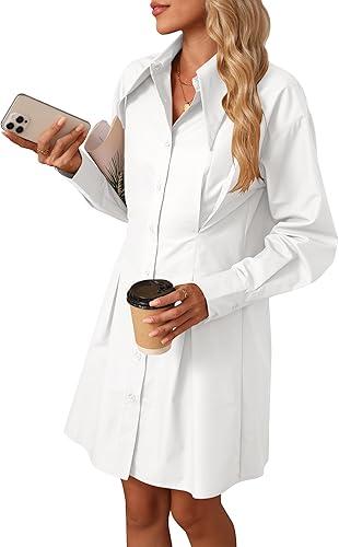 Womens Button Down Shirt Dresses Cotton Button Up Tunics Long Sleeve Solid High Low Blouse Waist Up Dress (Medium, White)