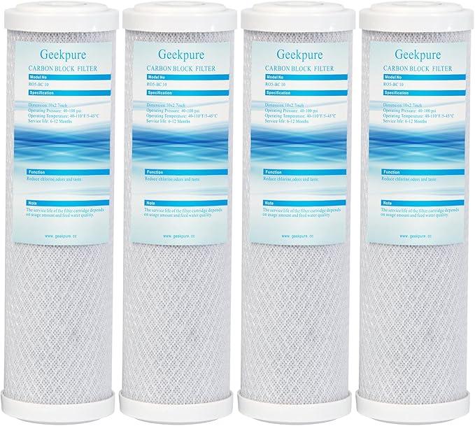 Geekpure Carbon Block Replacement Filter Cartridge for RO Water Filtration System and Whole House Water Filtration -Reduce Chlorine Taste -2.5" x 10" -5 Micron-Pack of 4