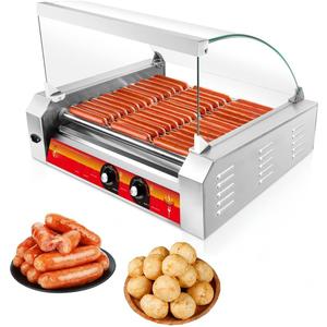 Vexon 1670W Hot Dog Roller Grill with 11 Non-Stick Stainless Steel Rollers, Holds 30 Hot Dogs, Includes Removable Glass Cover for Snack Bar Convenience Stores