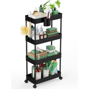 LEHOM Slim Rolling Storage Cart - 4 Tiers Bathroom Organizer Utility Cart Slide Out Storage Shelves Mobile Shelving Unit for Kitchen, Bedroom, Office, Laundry Room, Small Narrow Spaces7.1" W+Black